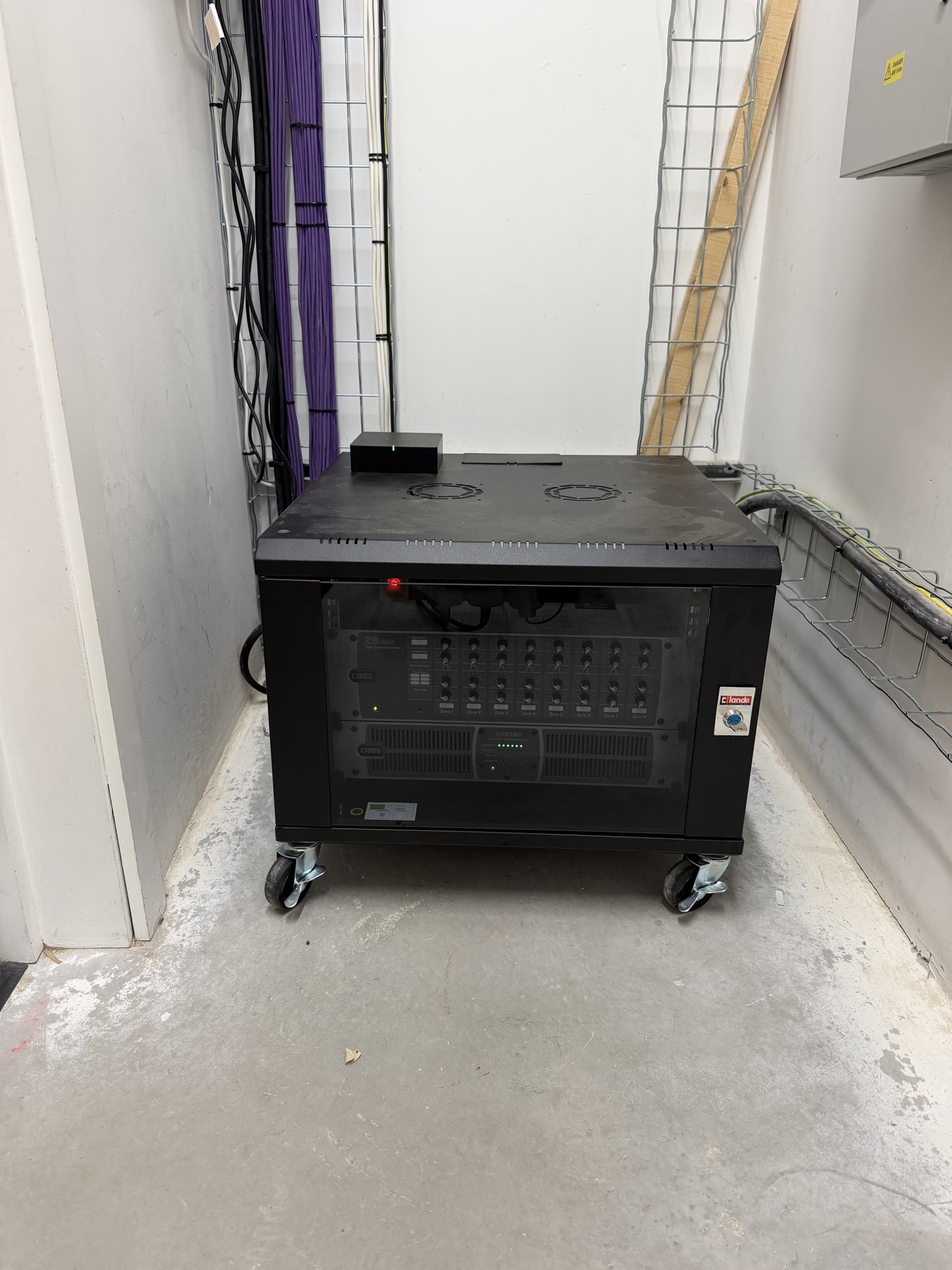 Free-standing lockable audio equipment rack, HTI Group Mill Farm, Wilsons Systems